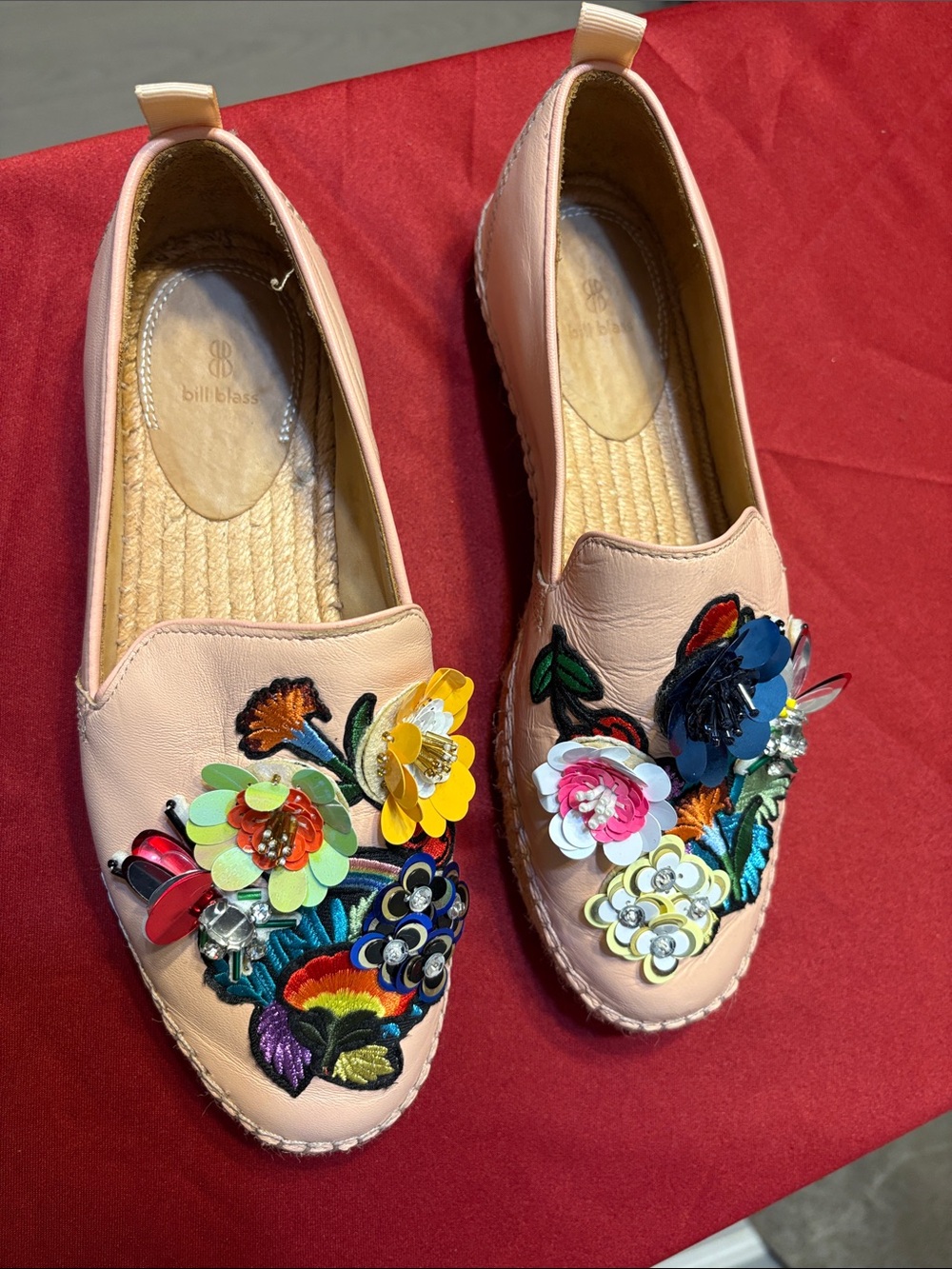 bill blass Pink Leather Slip-On Flats with Colorful 3D Floral Embellishments